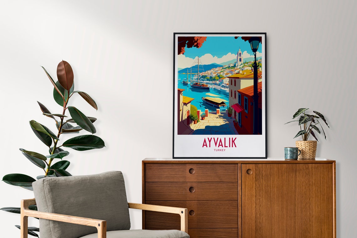 Ayvalik Turkey Sunny Harbor Boats Bell Tower Vintage Travel Poster - Image 4