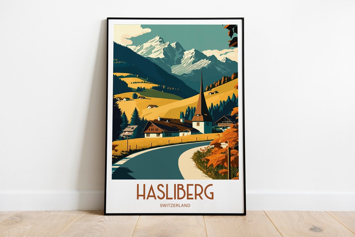 Hasliberg Switzerland Alpine Village Church Steeple Travel Poster