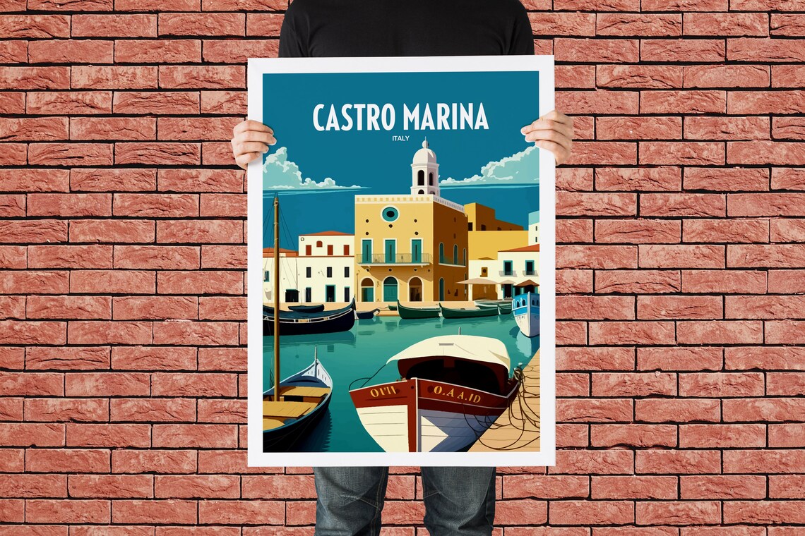 Castro Marina Italy Harbor Boats Yellow Buildings Travel Art Poster - Image 3