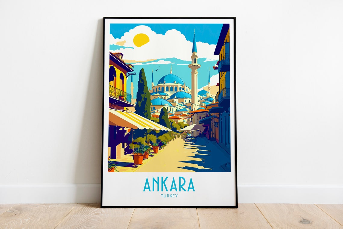 Ankara Turkey Street Cafe Mosque Domes Vintage Travel Poster