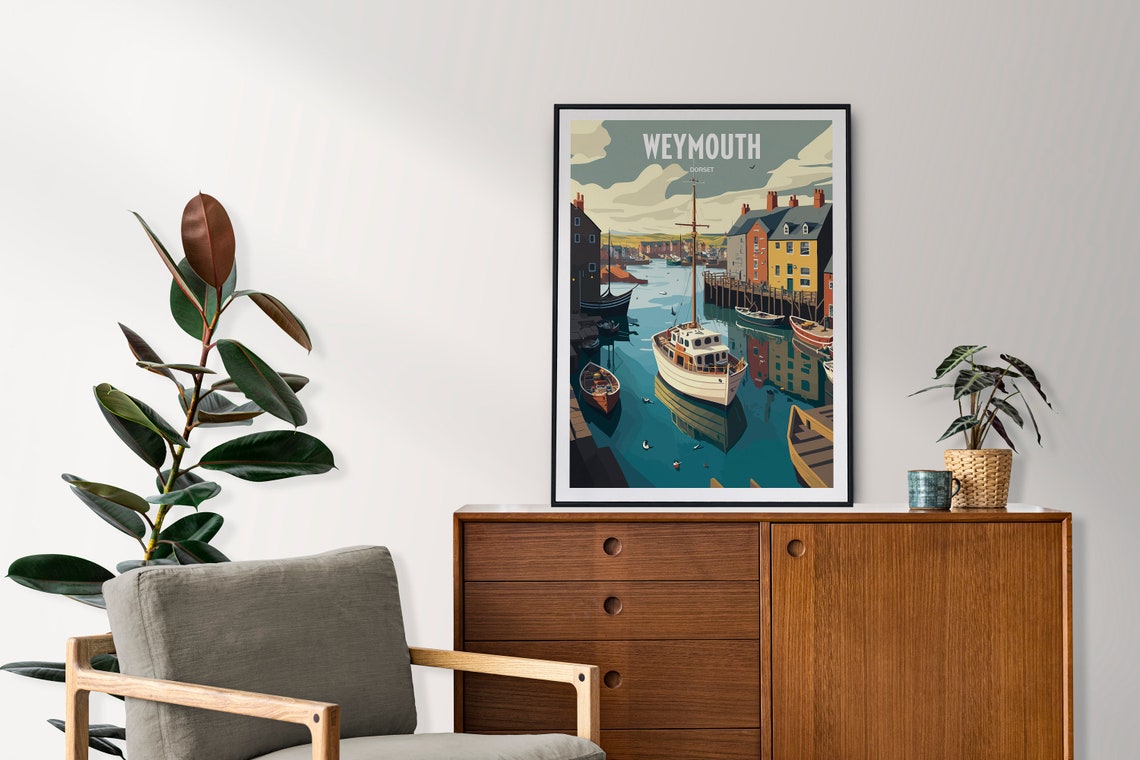 Weymouth Dorset Travel Poster with Harbor Boats and Seagulls - Image 2