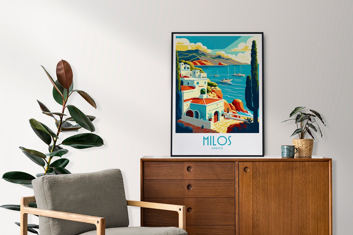 Milos Greece Coastal Village Sailboats Retro Travel Art Poster - Image 3