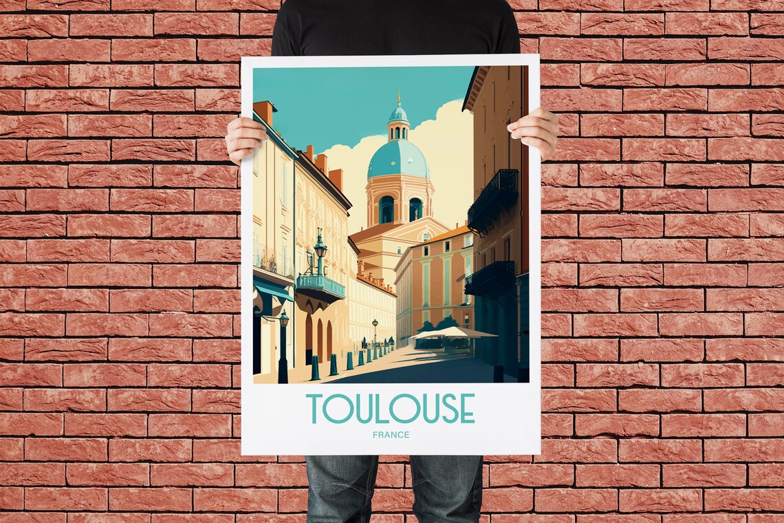 Toulouse France Blue Dome Church Street Vintage Travel Poster - Image 2