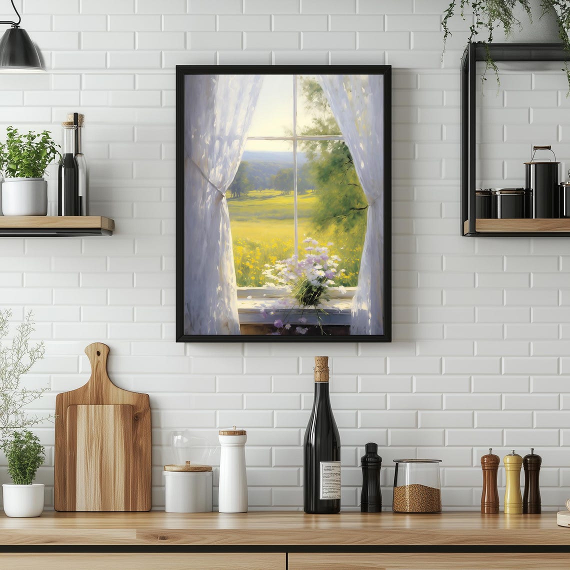 Sunlit Open Window Sheer Curtains Green Meadow View Vintage Art Print - Image 3
