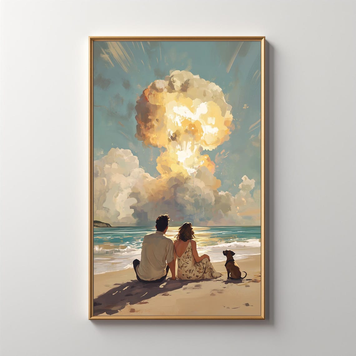 Surreal Couple On Beach Watching Mushroom Cloud Retro Art Poster