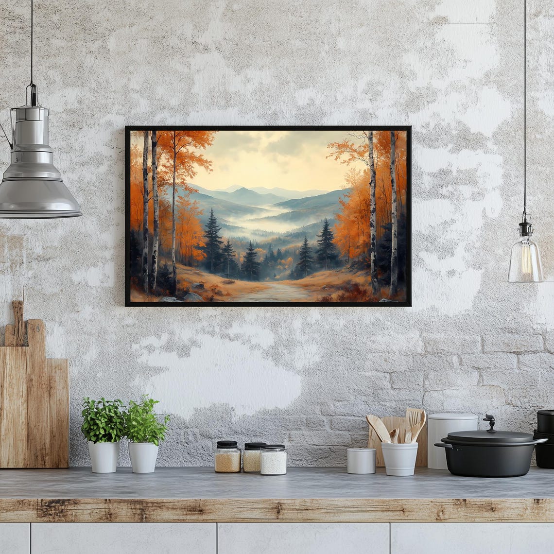 Autumn Birch Trees Misty Mountain Valley Fall Forest Travel Poster - Image 3