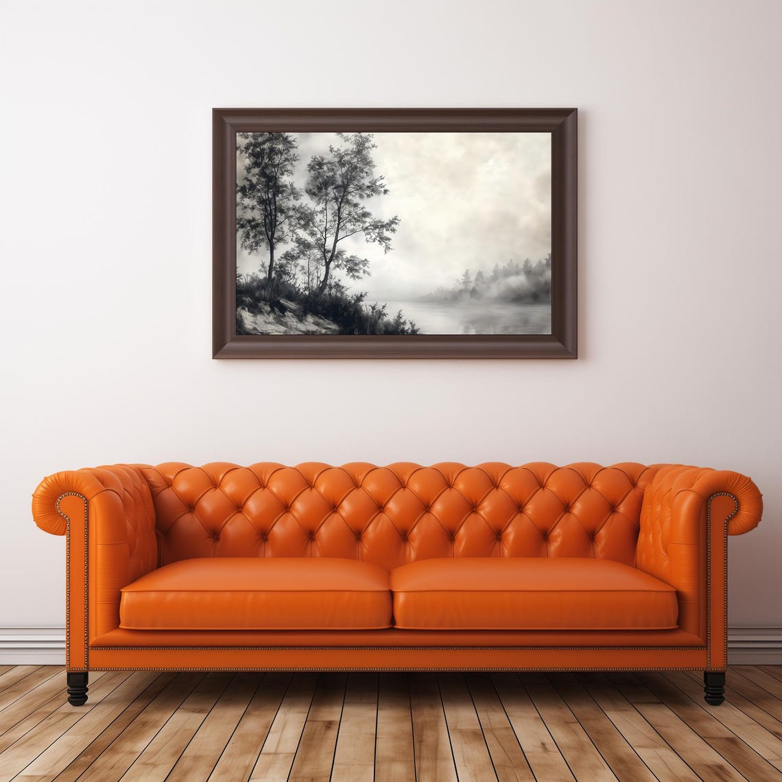 Misty Grey River Morning Fog Trees Monochrome Vintage Landscape Poster - Image 2