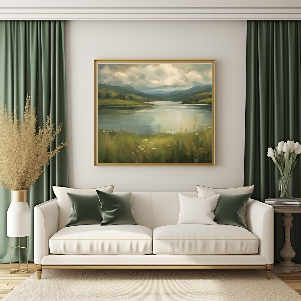 Misty Lake Rolling Green Hills Impressionist Valley Landscape Poster - Image 3