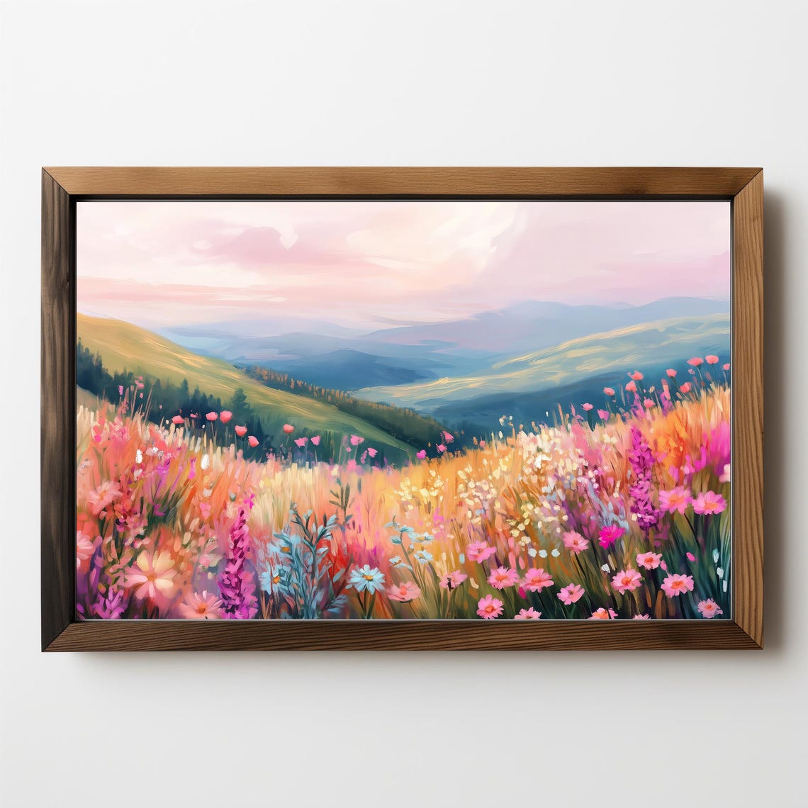 Pink Wildflower Meadow Mountain Valley Sunset Landscape Art Poster