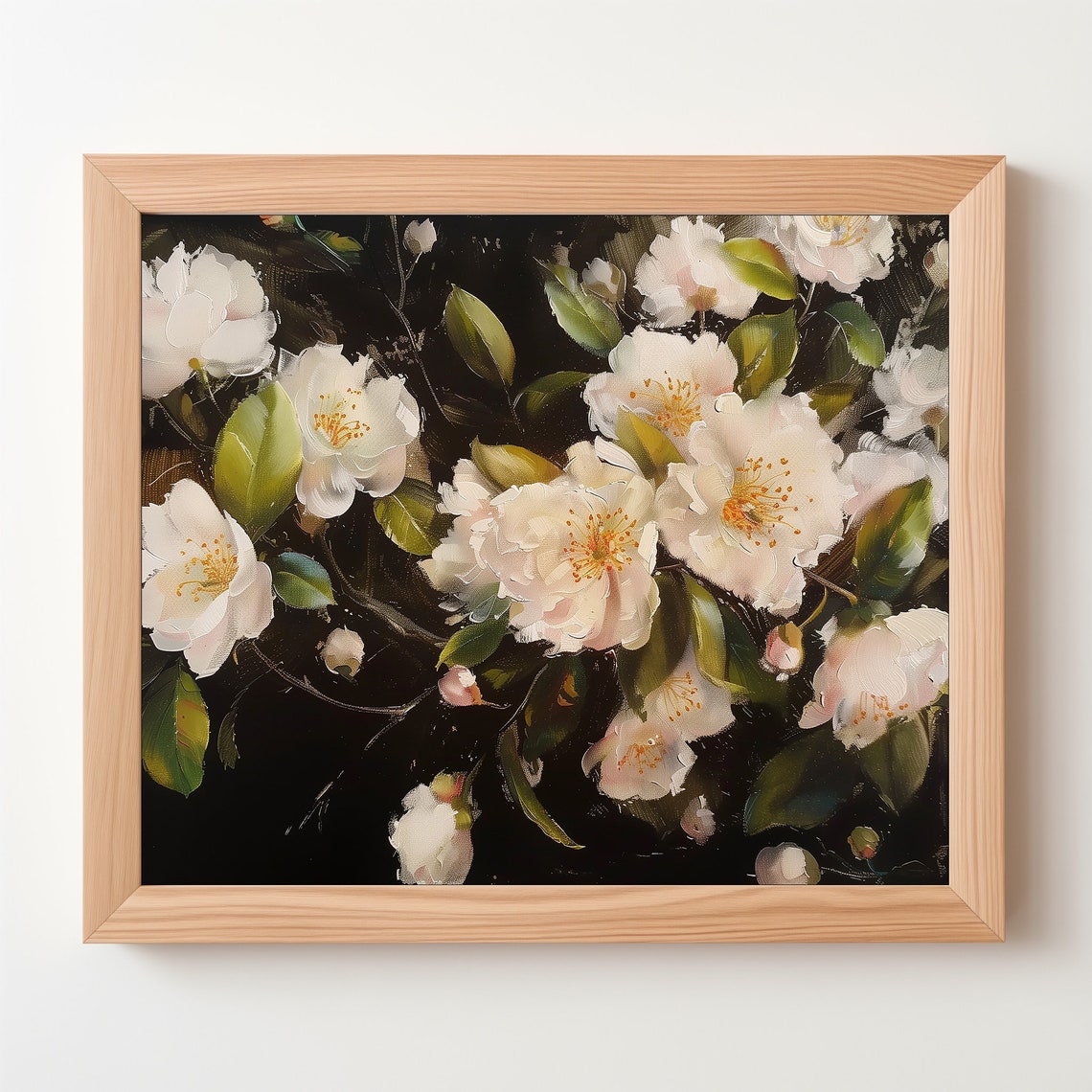 White Camellia Flowers On Dark Background Oil Painting Wall Art - Image 5