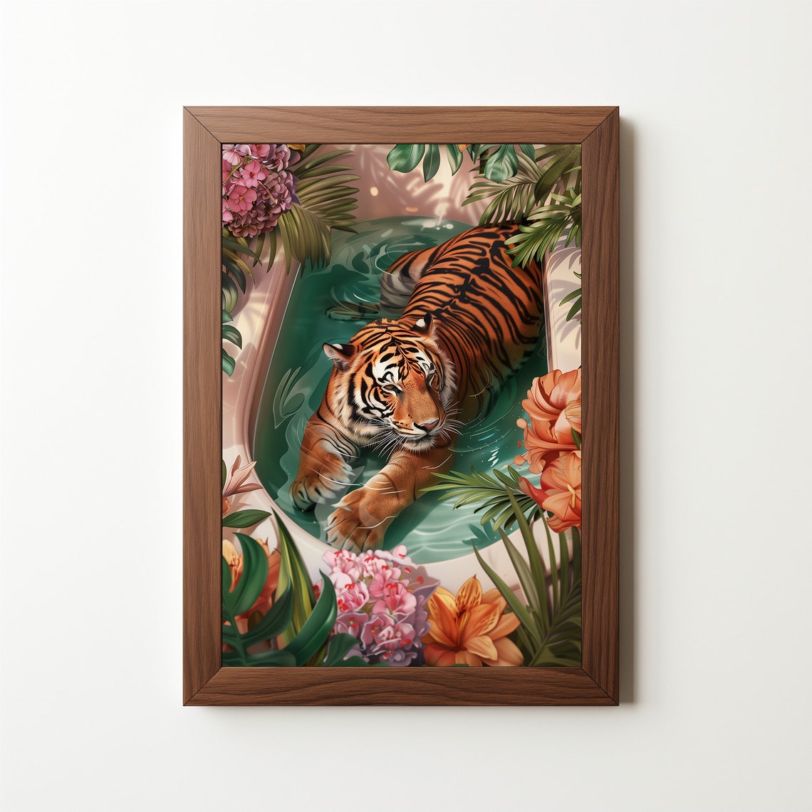 Tiger Relaxing In Bathtub Tropical Flowers Eclectic Jungle Art Poster - Image 3