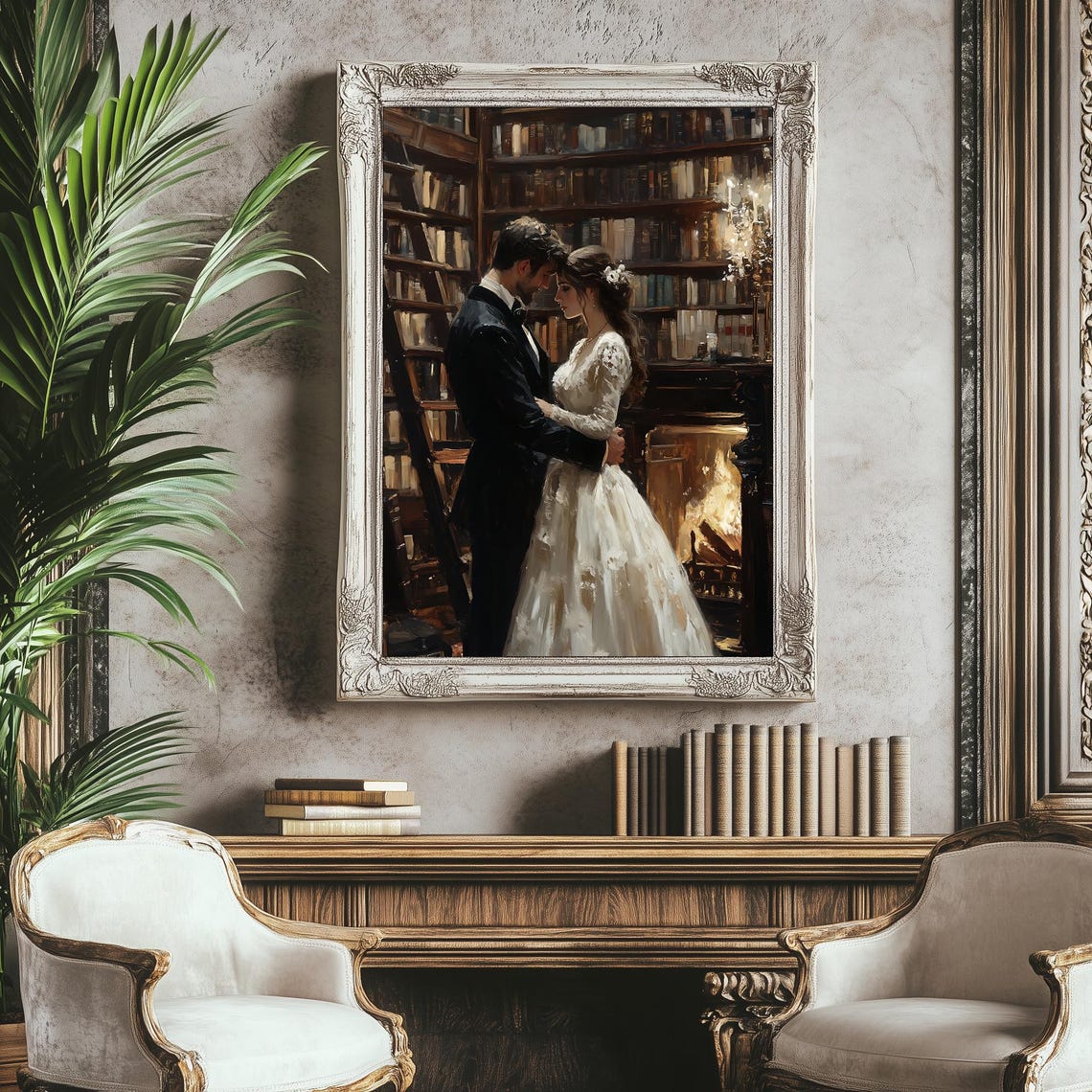 Romantic Couple in Vintage Library Fireplace Dark Academia Oil Poster - Image 2