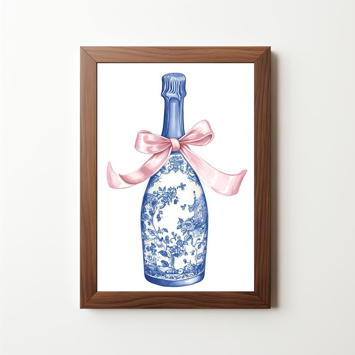 Chinoiserie Champagne Bottle With Pink Bow Blue White Art Poster - Image 5