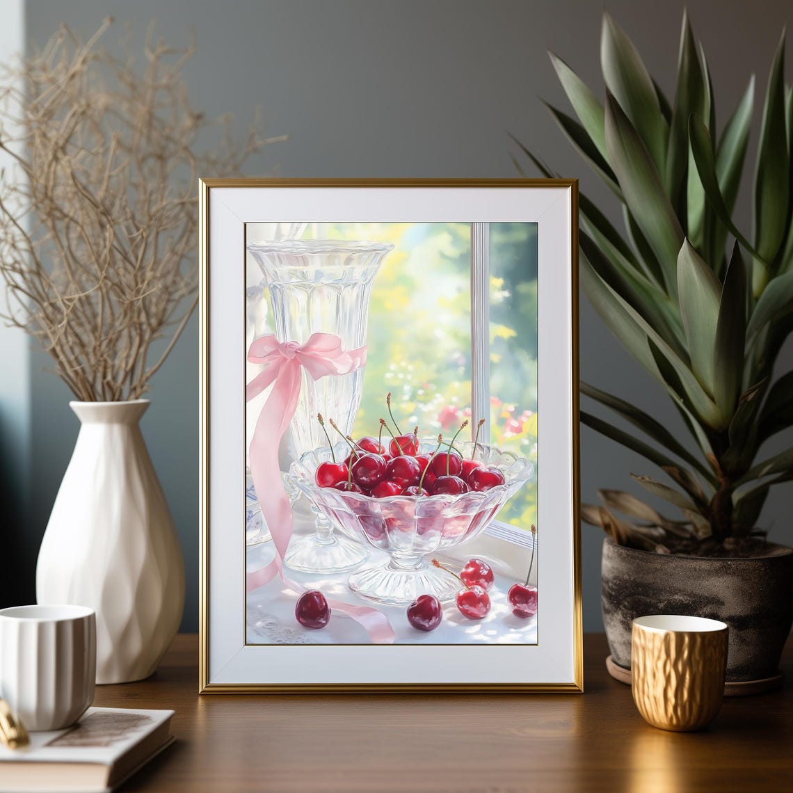 Cherry Still Life Crystal Bowl Pink Ribbon Sunny Window Kitchen Poster - Image 2