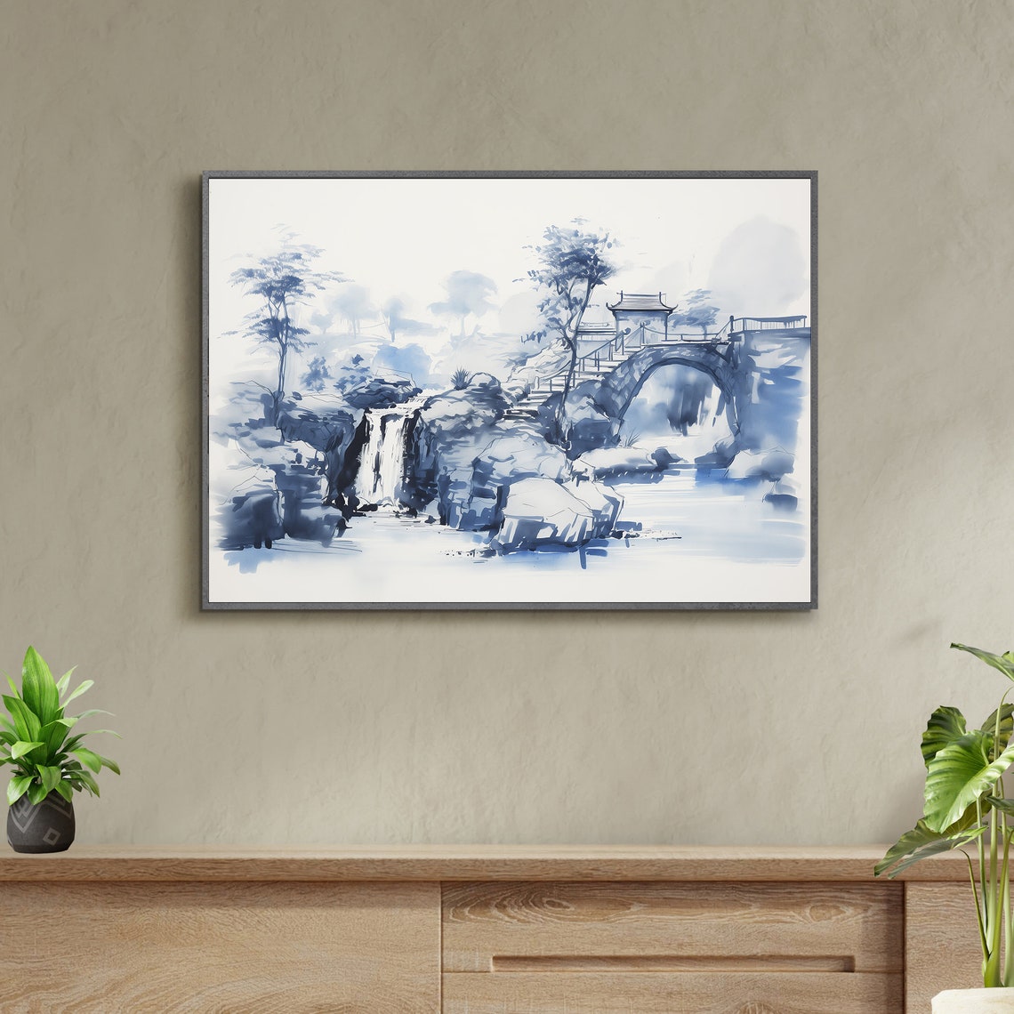 Blue Willow Waterfall Stone Bridge Chinoiserie Ink Wash Wall Poster - Image 3
