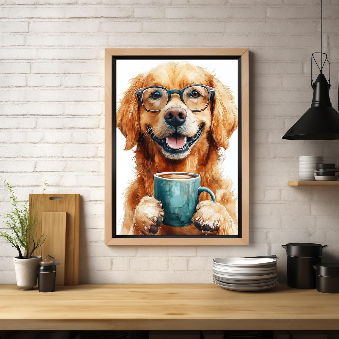 Golden Retriever Dog With Glasses Drinking Coffee Whimsical Wall Art - Image 4