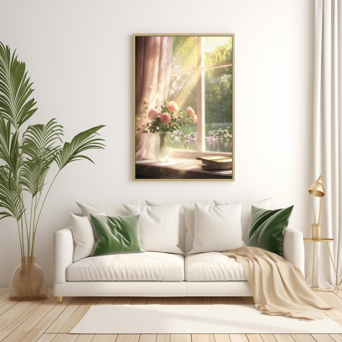 Pink Roses Sunny Window Garden View Dreamy Cottage Floral Oil Poster - Image 3