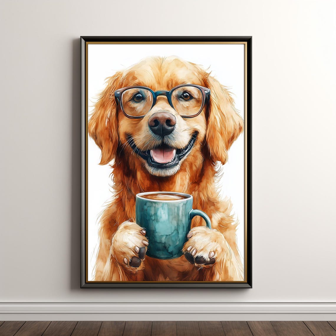 Golden Retriever Dog With Glasses Drinking Coffee Whimsical Wall Art