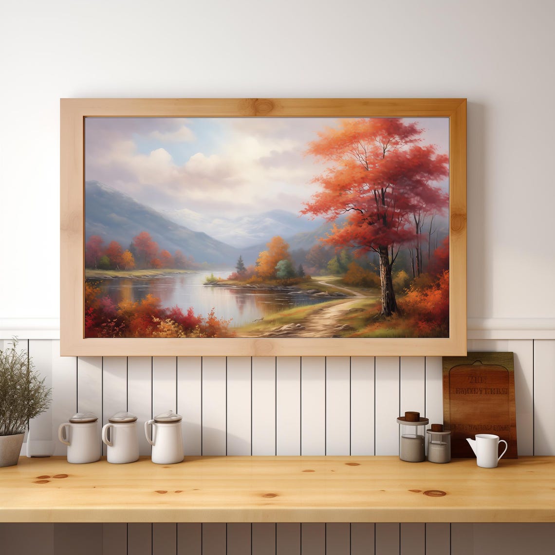 Autumn Lakeside Forest Path Red Maple Vintage Fall Landscape Poster - Image 3