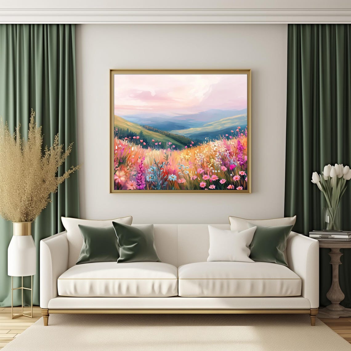 Pink Wildflower Meadow Mountain Valley Sunset Landscape Art Poster - Image 3