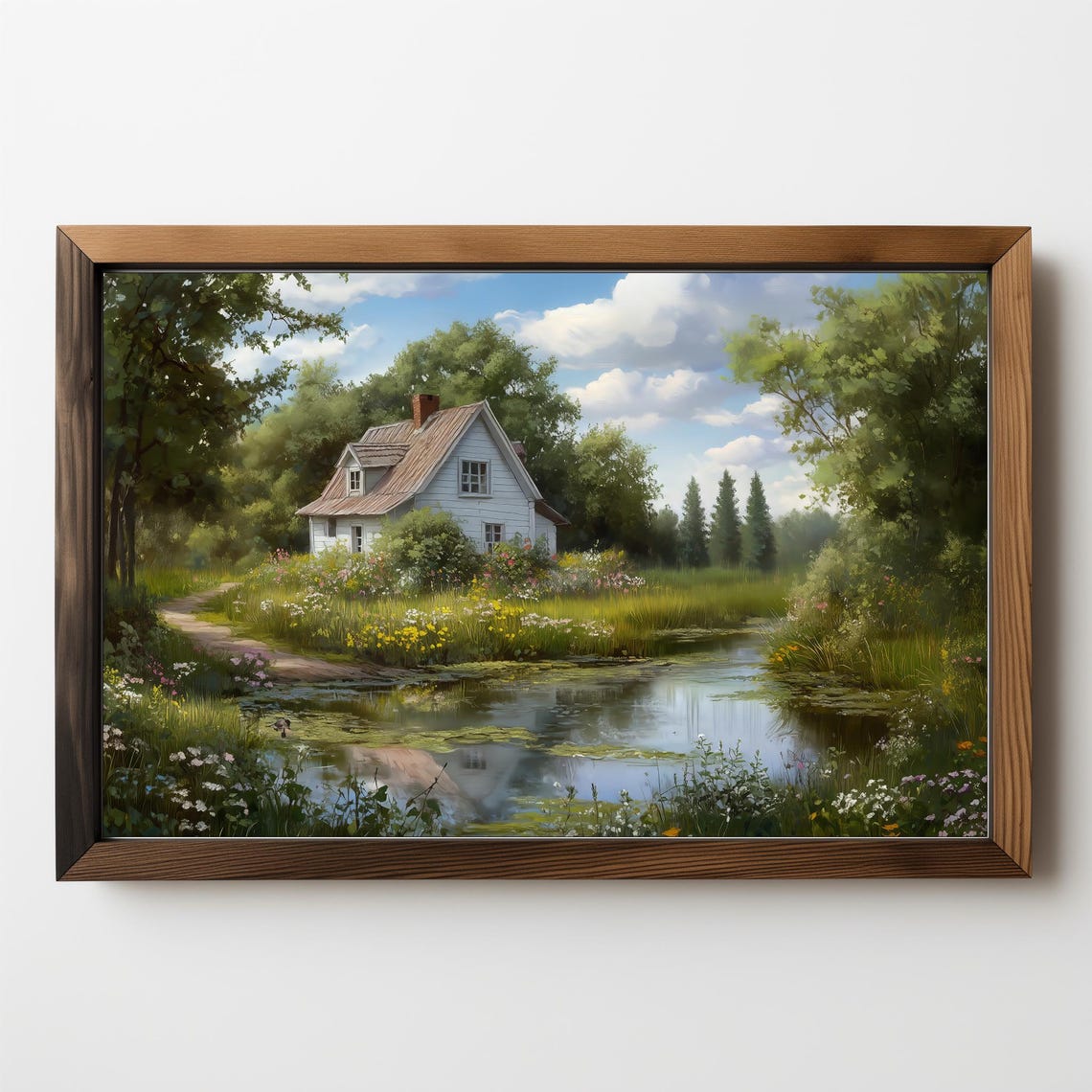 White Cottage By The Pond Summer Garden Vintage Landscape Art Poster - Image 5