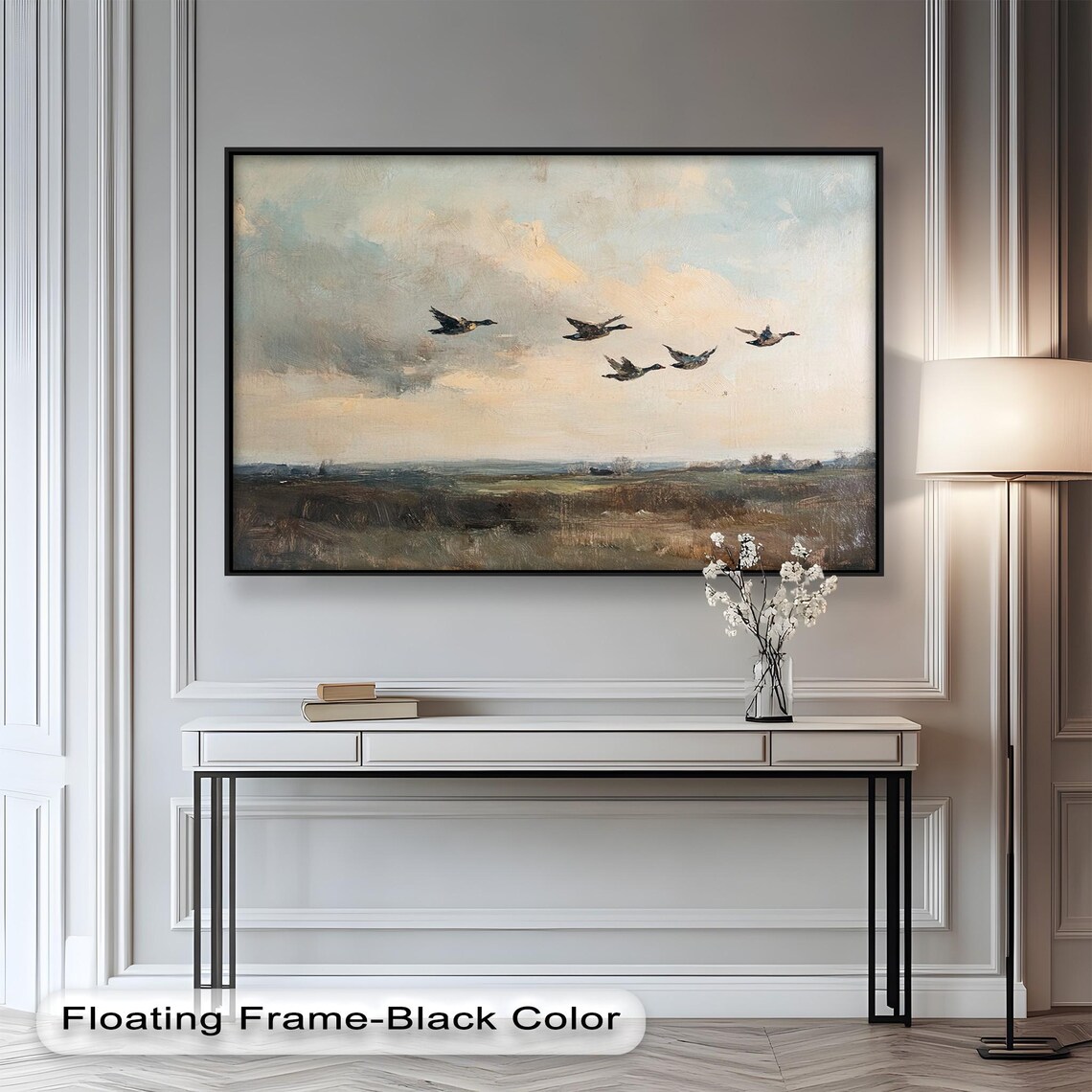 Flying Ducks Over Meadow, Rustic Nature Decor