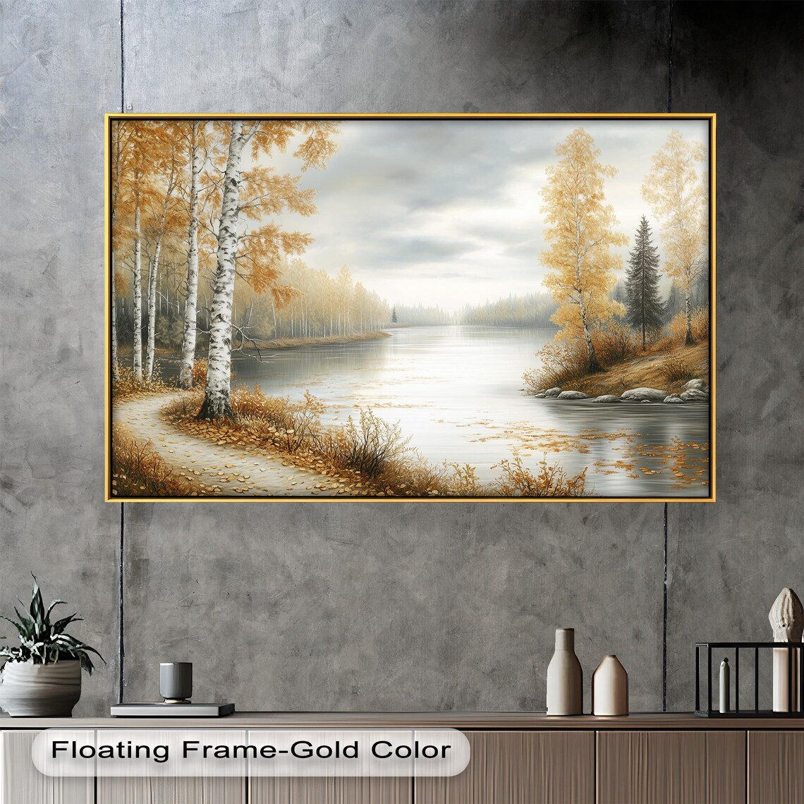 Golden Autumn Landscape, Tranquil River Scene Art Print