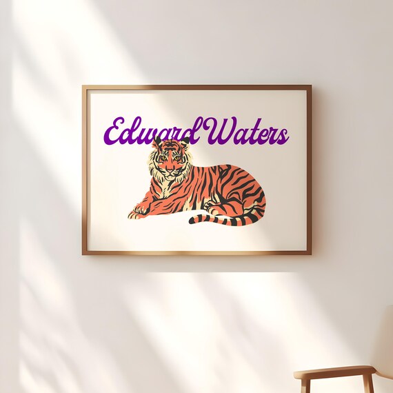 Edward Waters Tigers Cartoon Mascot Purple Script Fan Poster