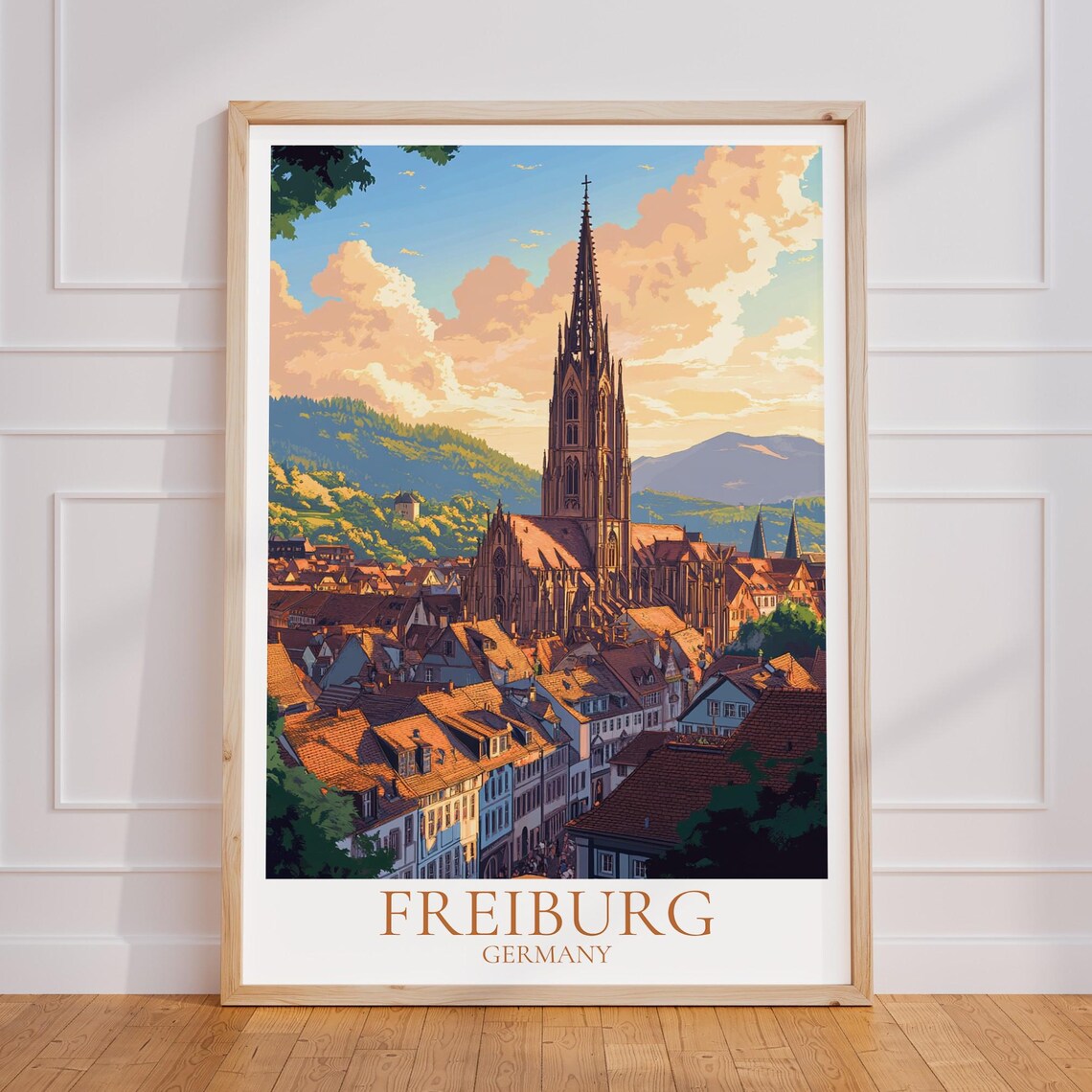 Freiburg Germany Old Town Minster Cathedral Sunset Travel Poster