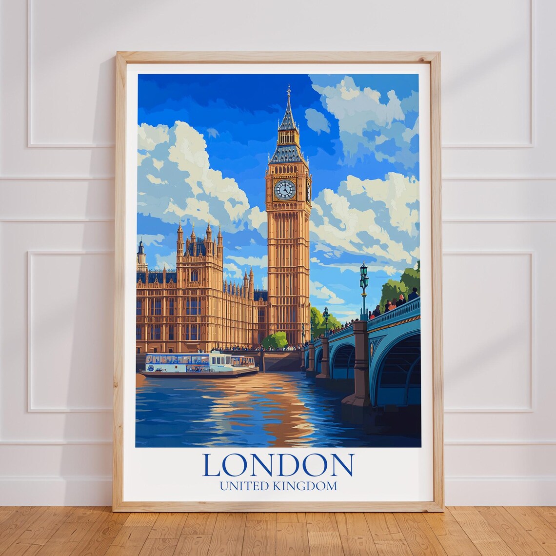 London Big Ben Vintage Travel Poster, Thames