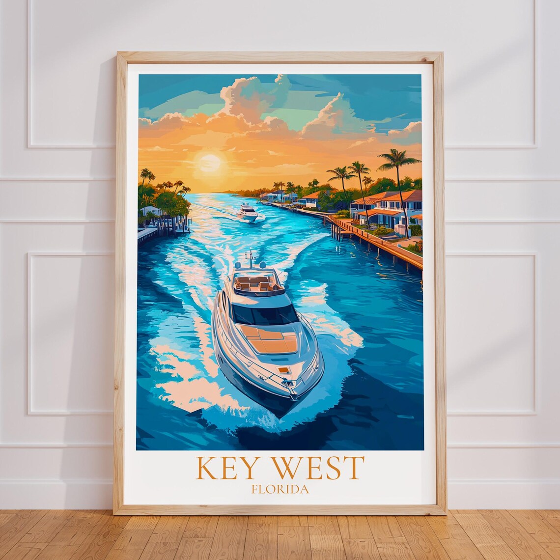 Key West Florida Sunset Yacht Waterway Vintage Travel Poster