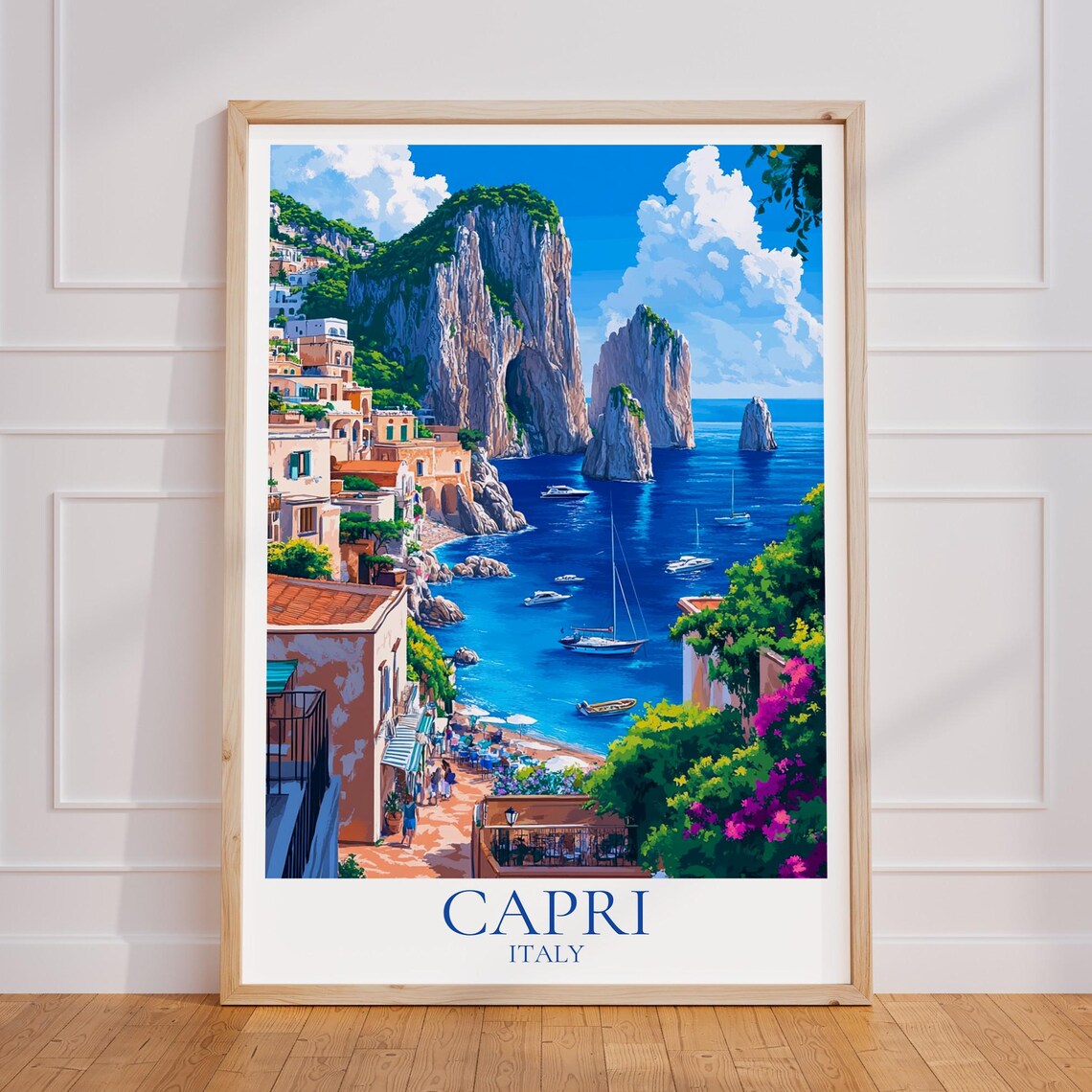 Capri Italy Faraglioni Cliffs Sailboats Coastline Travel Poster