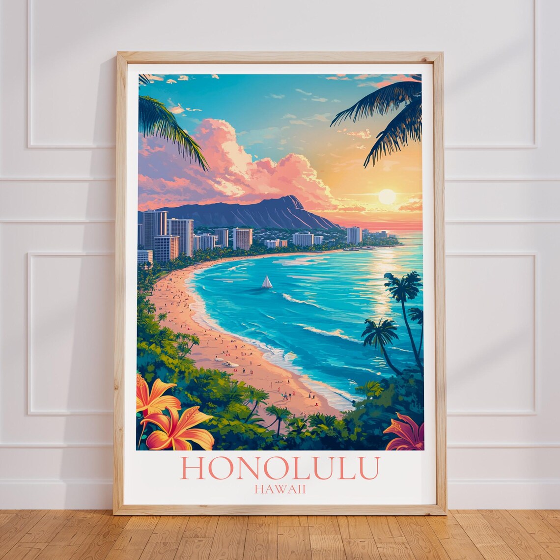 Honolulu Hawaii Waikiki Beach Diamond Head Sunset Travel Poster