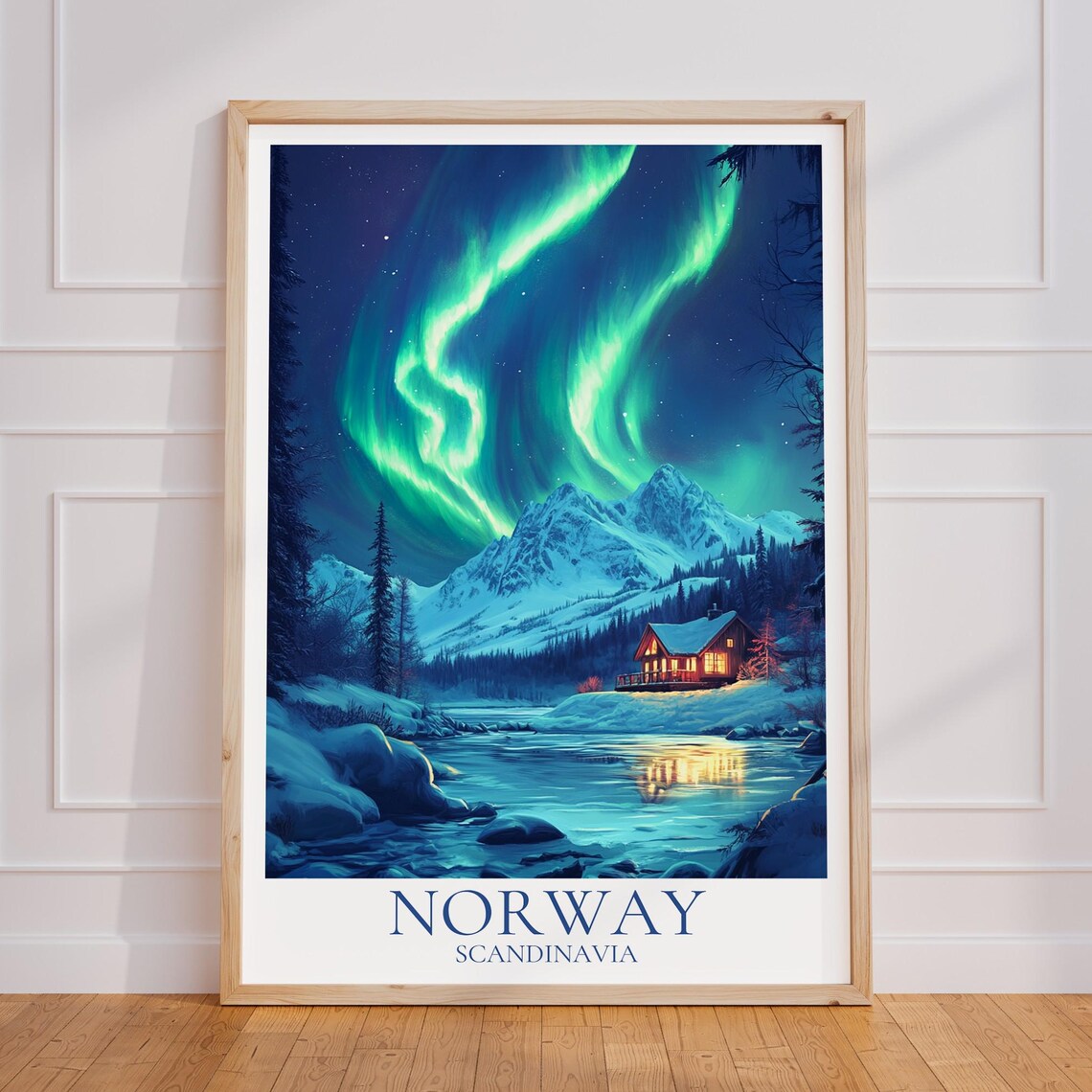 Norway Scandinavia Aurora Borealis Lake Cabin Night Travel Poster