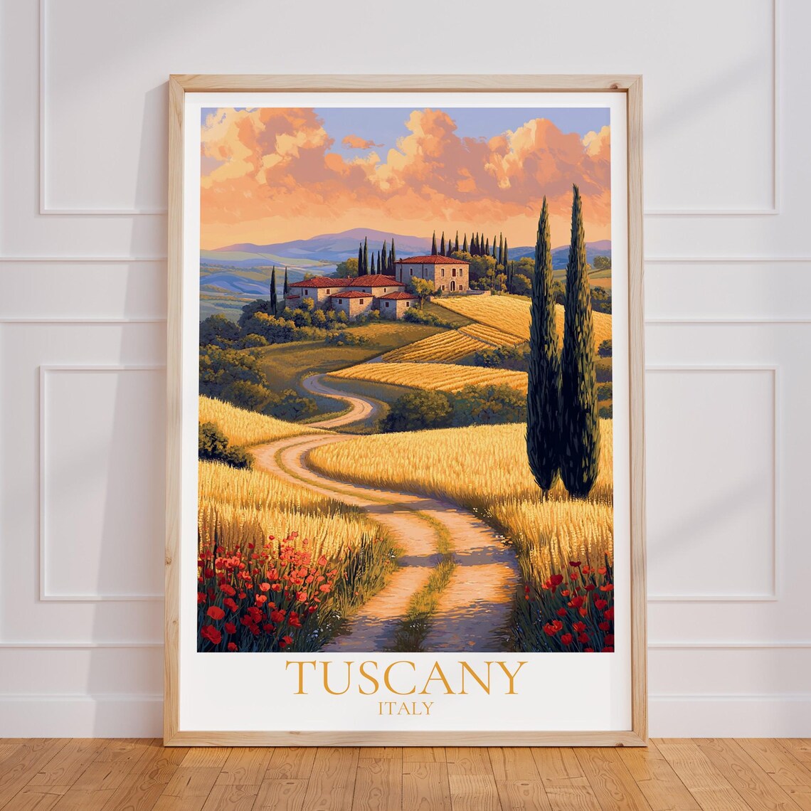 Tuscany Golden Sunset Villa Cypress Wheat Fields Italy Poster