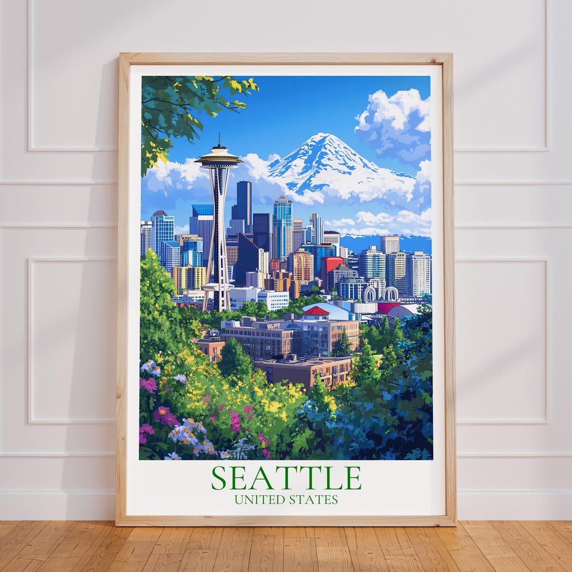 Seattle Daytime Skyline Mount Rainier Flowering Trees City Poster