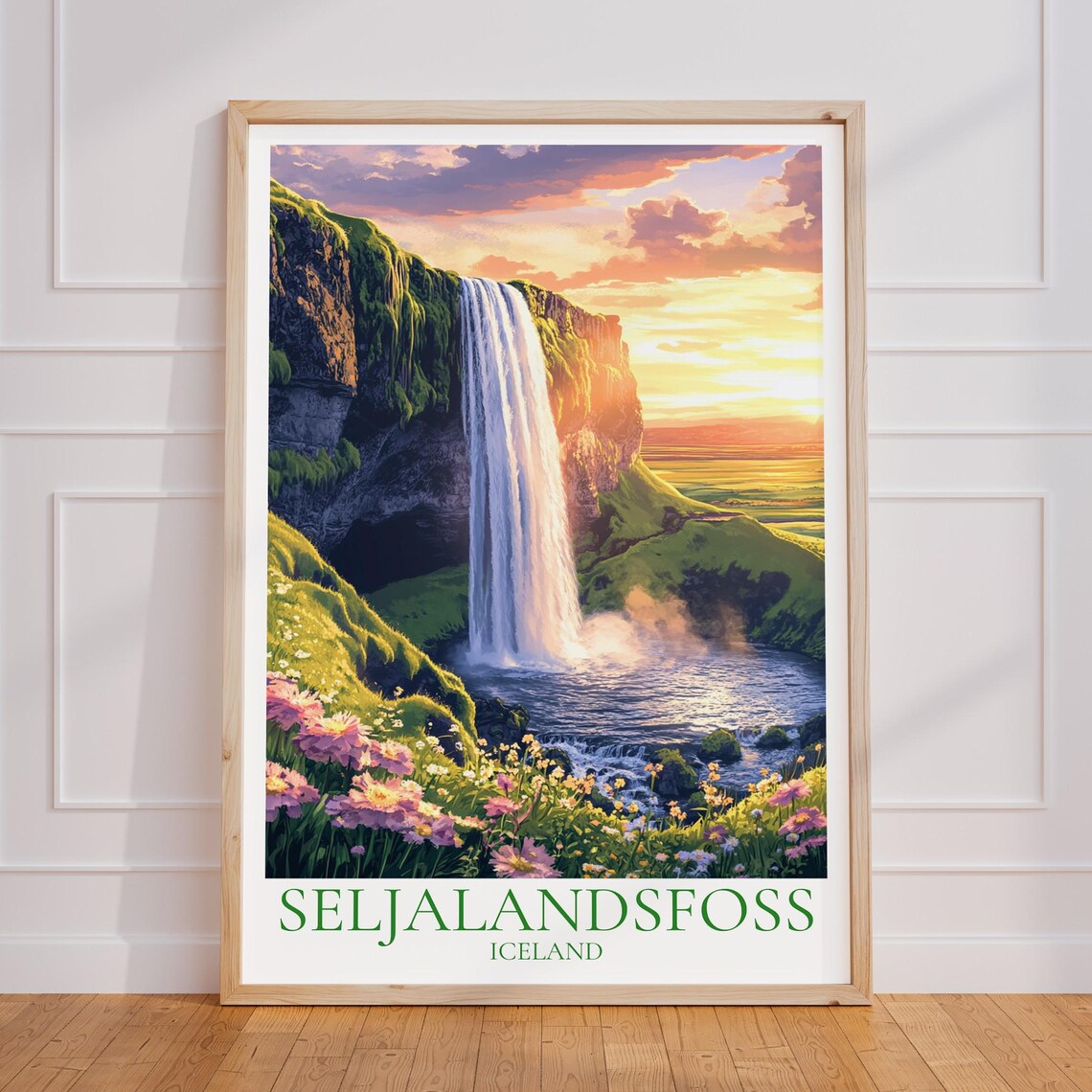 Seljalandsfoss Iceland Waterfall Sunset Wildflowers Travel Poster