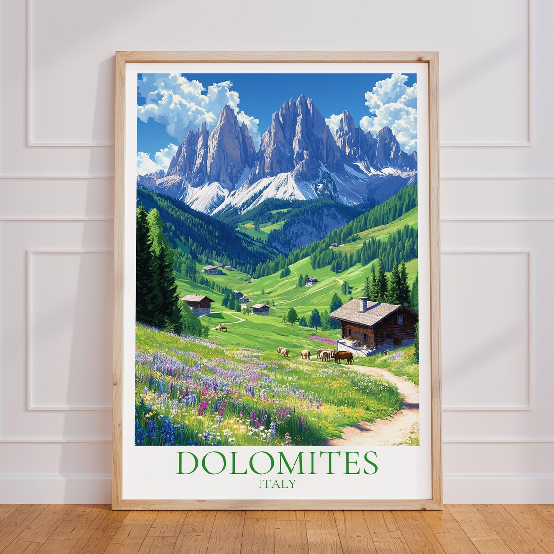 Dolomites Italy Snowy Peaks Alpine Meadow Wildflower Travel Poster