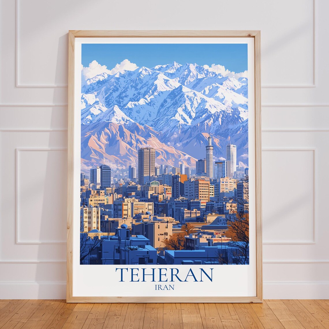 Teheran Iran City and Snowy Mountain Scenic Vintage Travel Poster