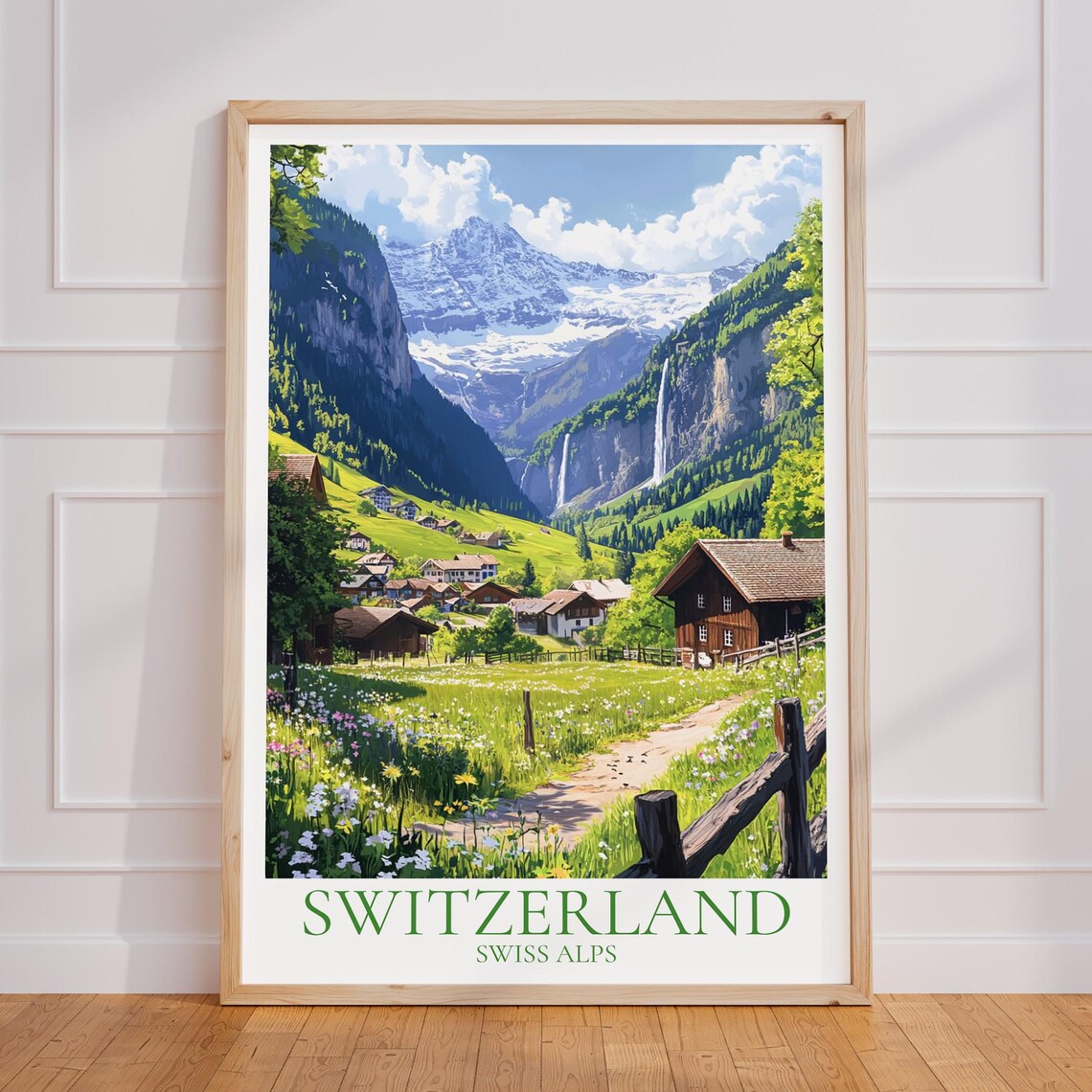 Switzerland Swiss Alps Waterfall Valley Village Vintage Travel Poster