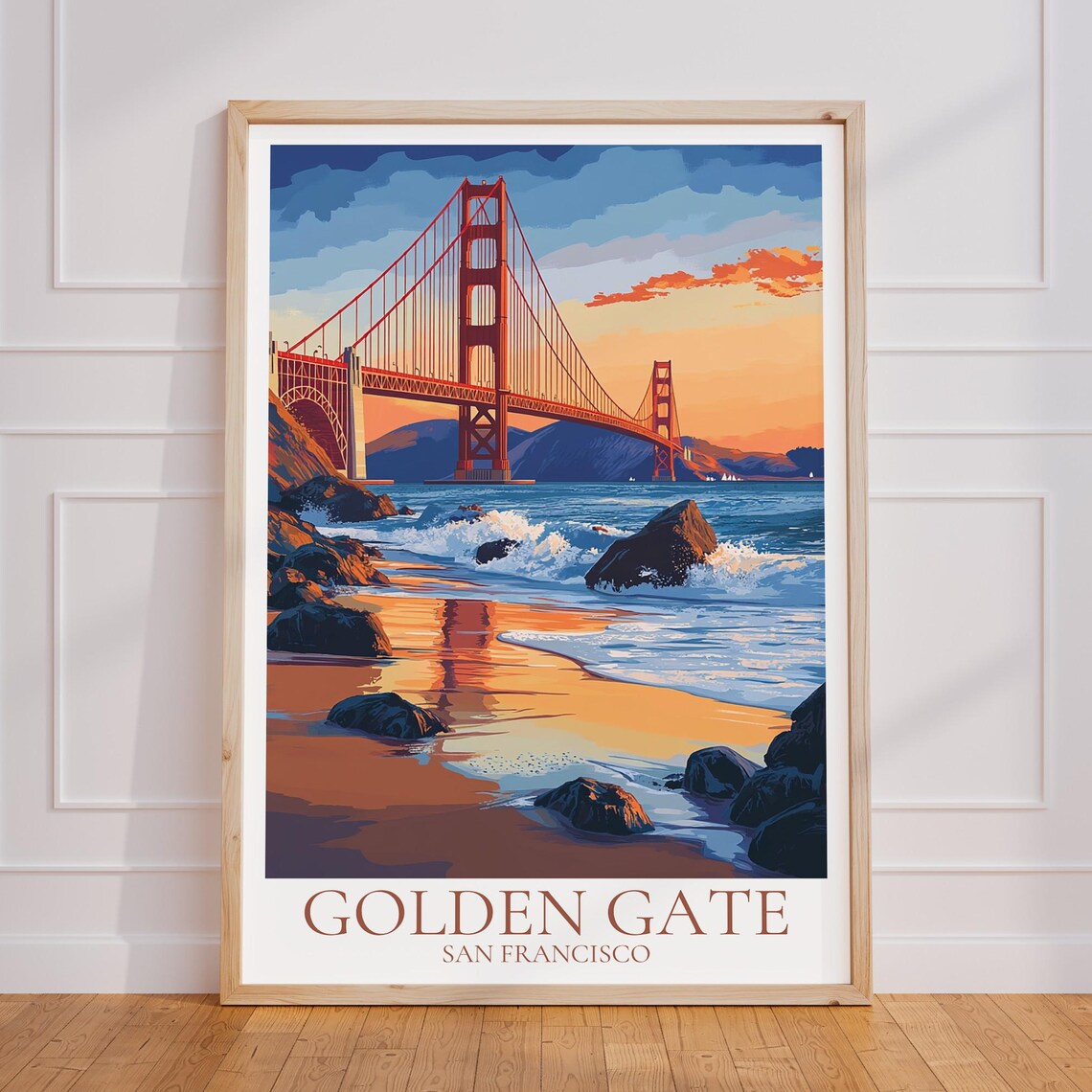 Golden Gate Bridge Beach Sunset Rocks San Francisco Travel Poster