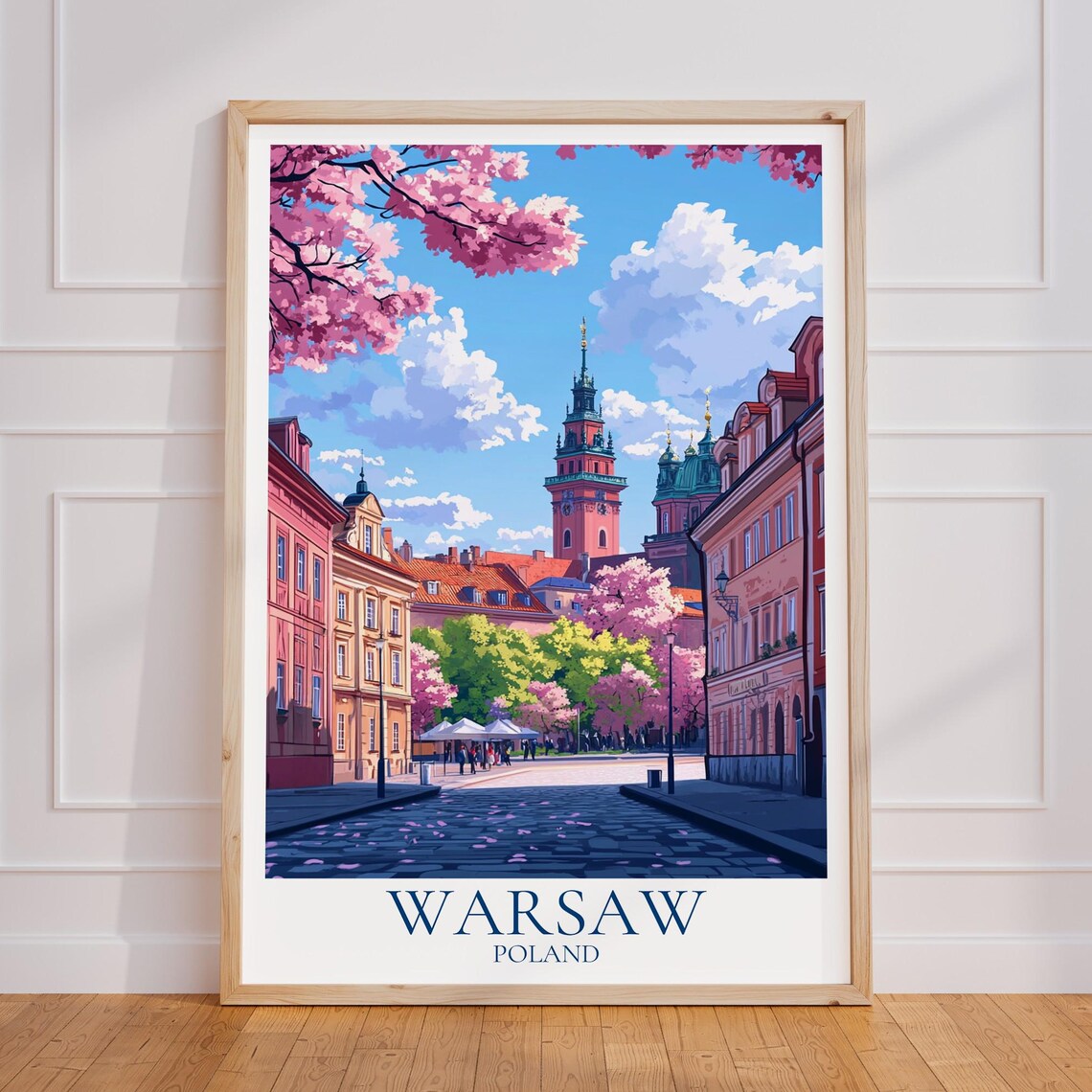 Warsaw Poland Old Town Royal Castle Blossom Street Travel Poster