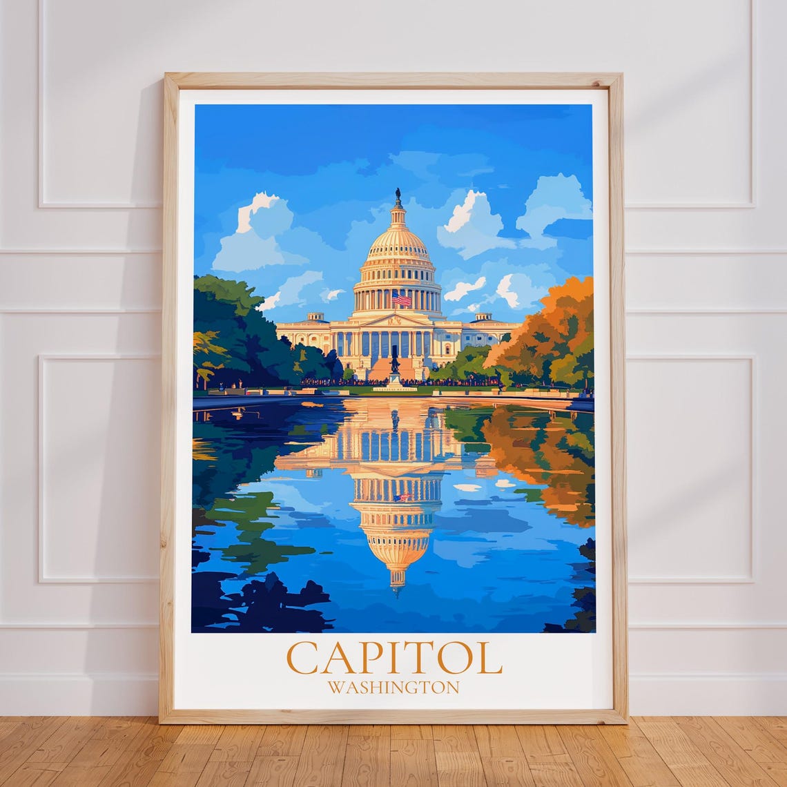 Washington DC US Capitol Building Autumn Reflection Vintage Poster