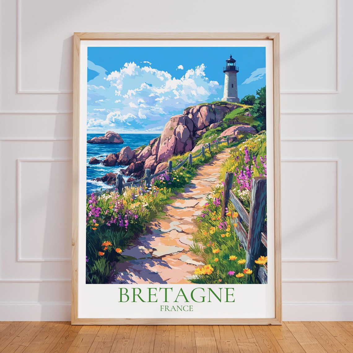 Bretagne France Lighthouse Rocky Coast Wildflowers View Travel Poster