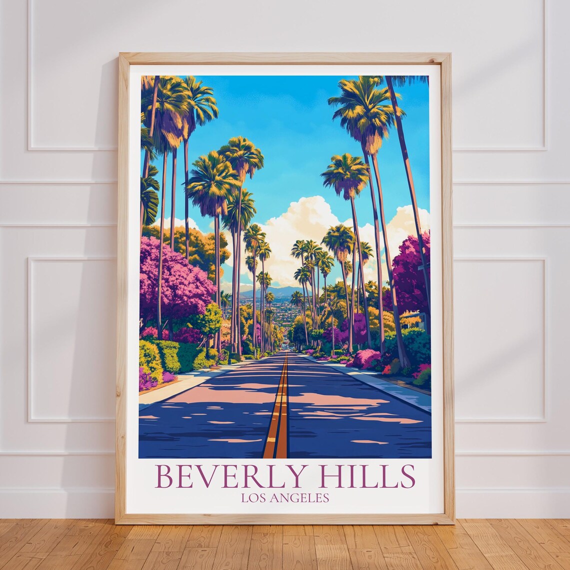 Beverly Hills Los Angeles Palm Lined Street Pink Blossoms Poster
