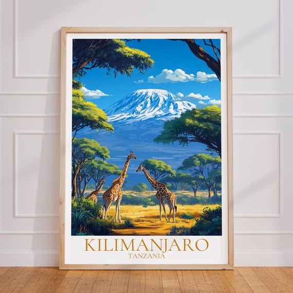 Kilimanjaro Travel Poster Tanzania Wall Art Africa Vintage Gift Mountain Print