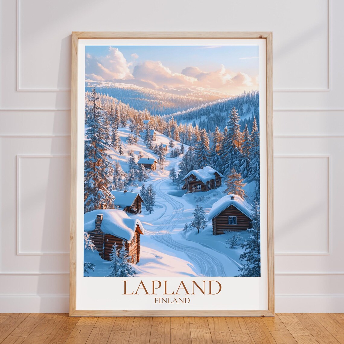 Lapland Finland Snowy Cabins Winter Forest Sunrise Travel Poster