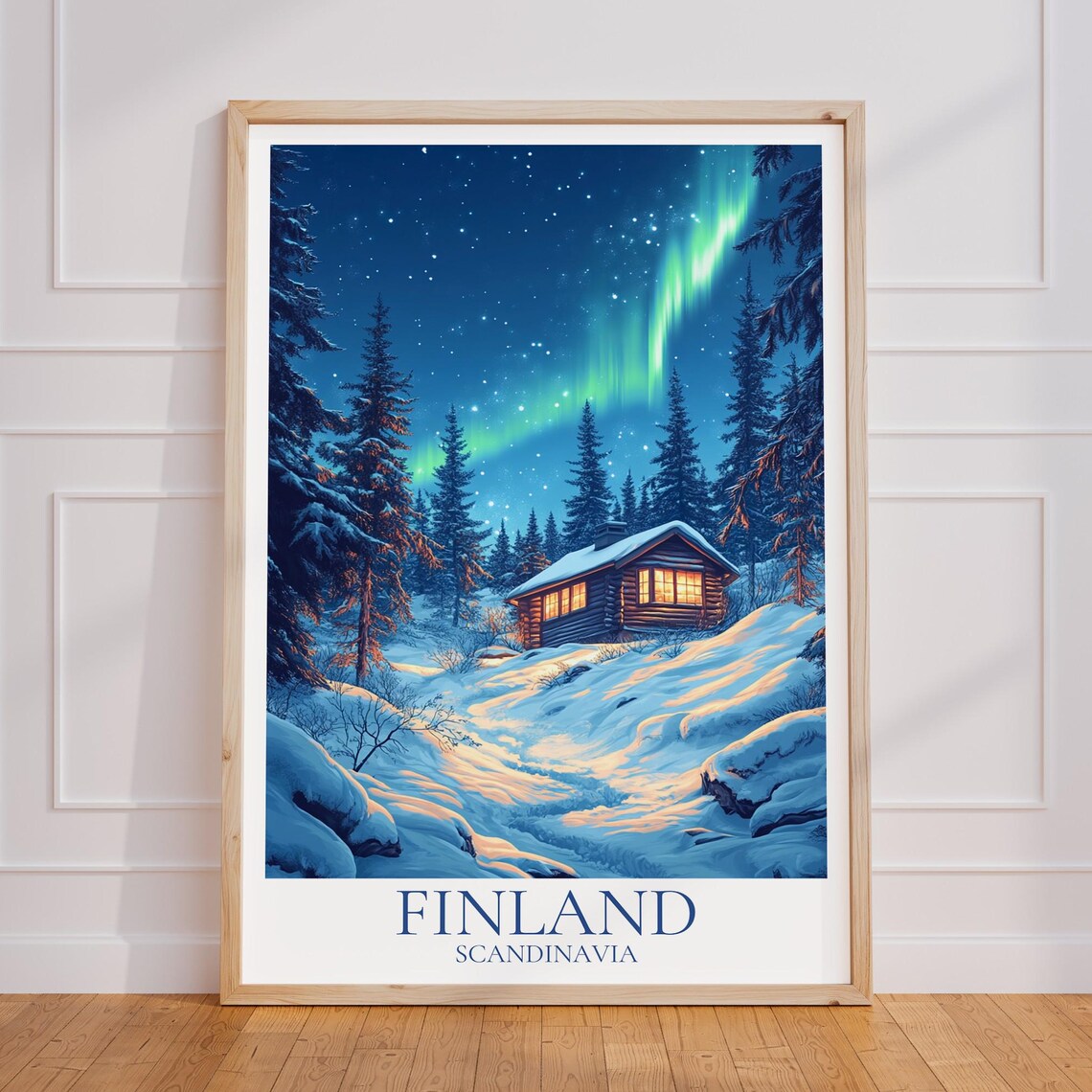Finland Northern Lights Snowy Cabin Starry Scandinavia Poster