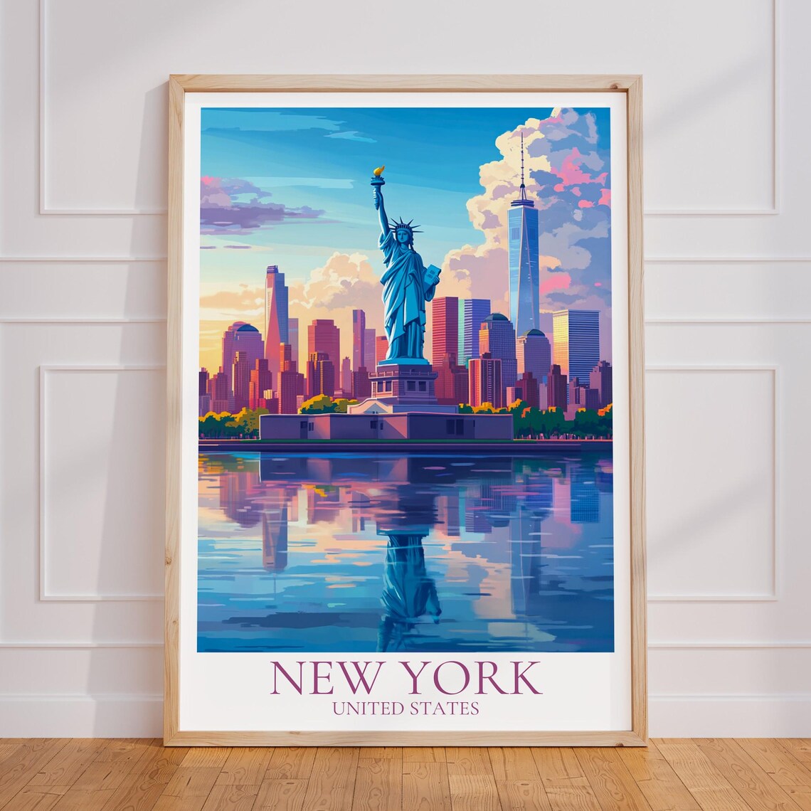 New York Statue Of Liberty Sunset Harbor City Travel Art Poster