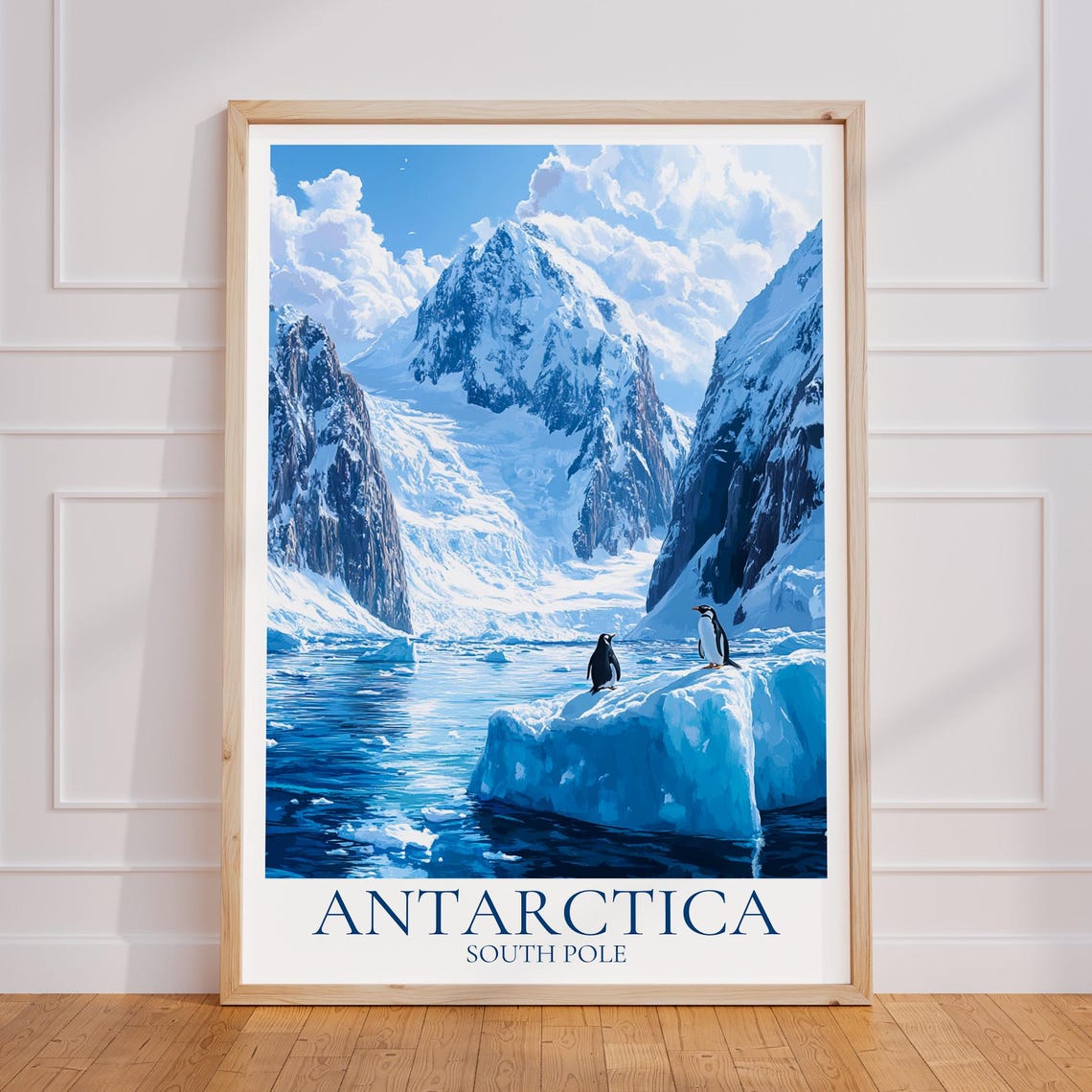 Antarctica Penguins Iceberg Polar Mountains Snow Vintage Poster